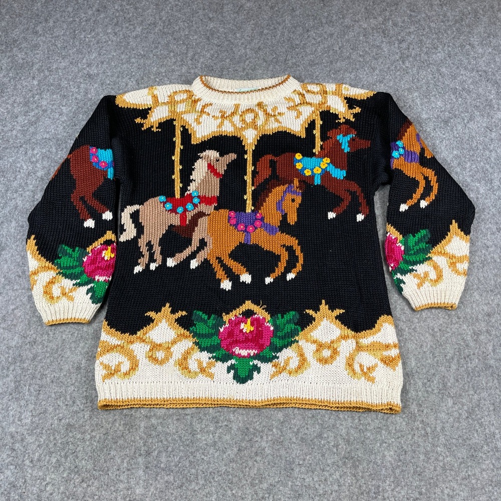 Amazonias Handknit Pima Cotton Sweater Womens Medium Carousel Horse Peru Novelty